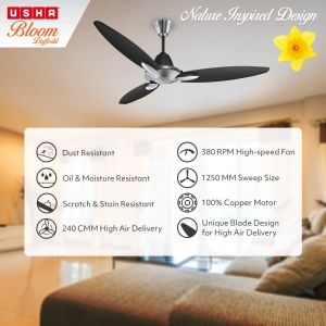 USHA Bloom Daffodil 1250 mm 3 Blade Ceiling Fan (Sparkle Grey & Black, Pack of 2)