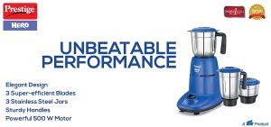 Prestige Appliances Latest Hero 500W Elegant Designer 3 Jar Stainless Steel Mixer Grinder (Blue)